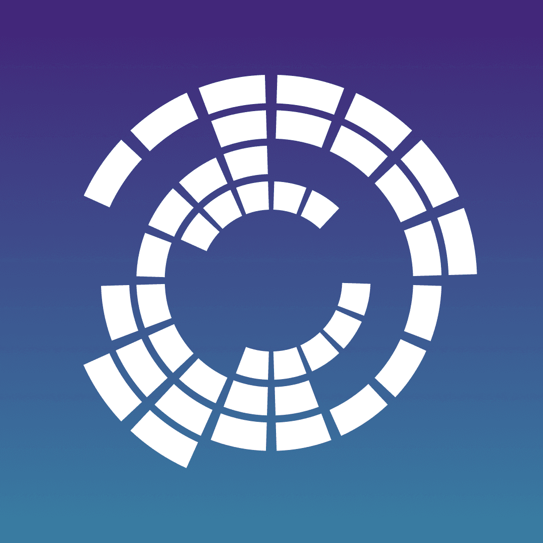 Símbolo circular da Maxinst em gradiente roxo para azul