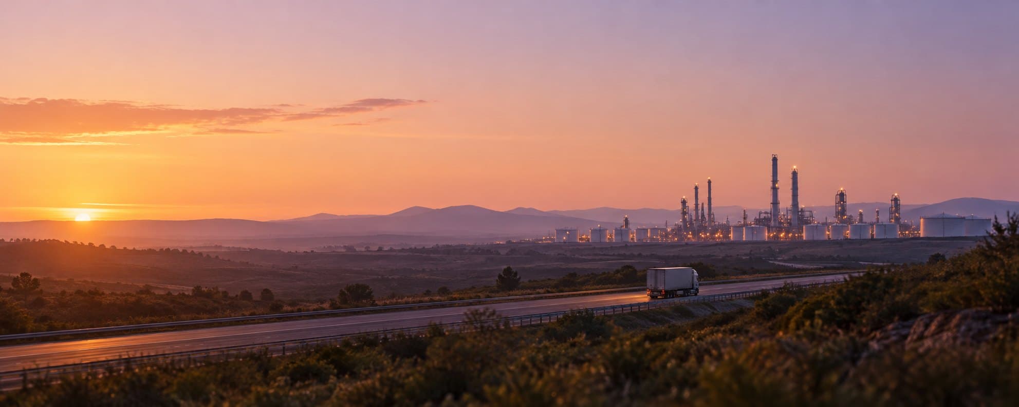 Rodovia ao pôr do sol com um caminhão em direção a uma refinaria