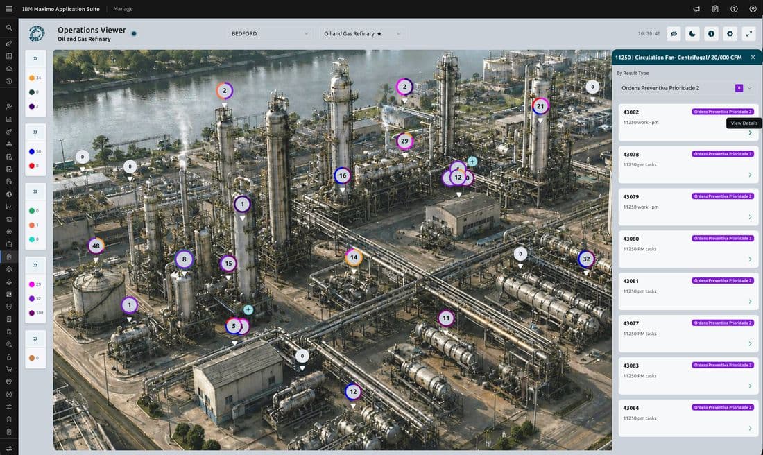 Maxinst Operations Viewer dentro do IBM Maximo, com pontos sobre a imagem de uma refinaria indicando ordens de serviço por local