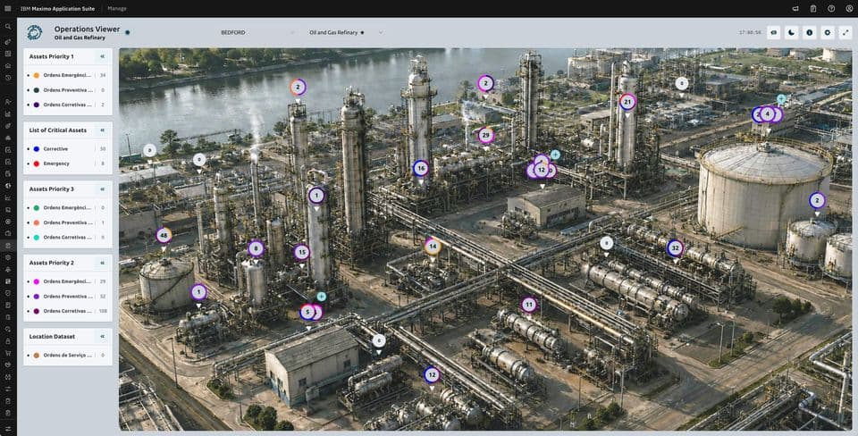 Operations Viewer exibindo a planta com pontos coloridos e a legenda de conjuntos de dados por prioridade