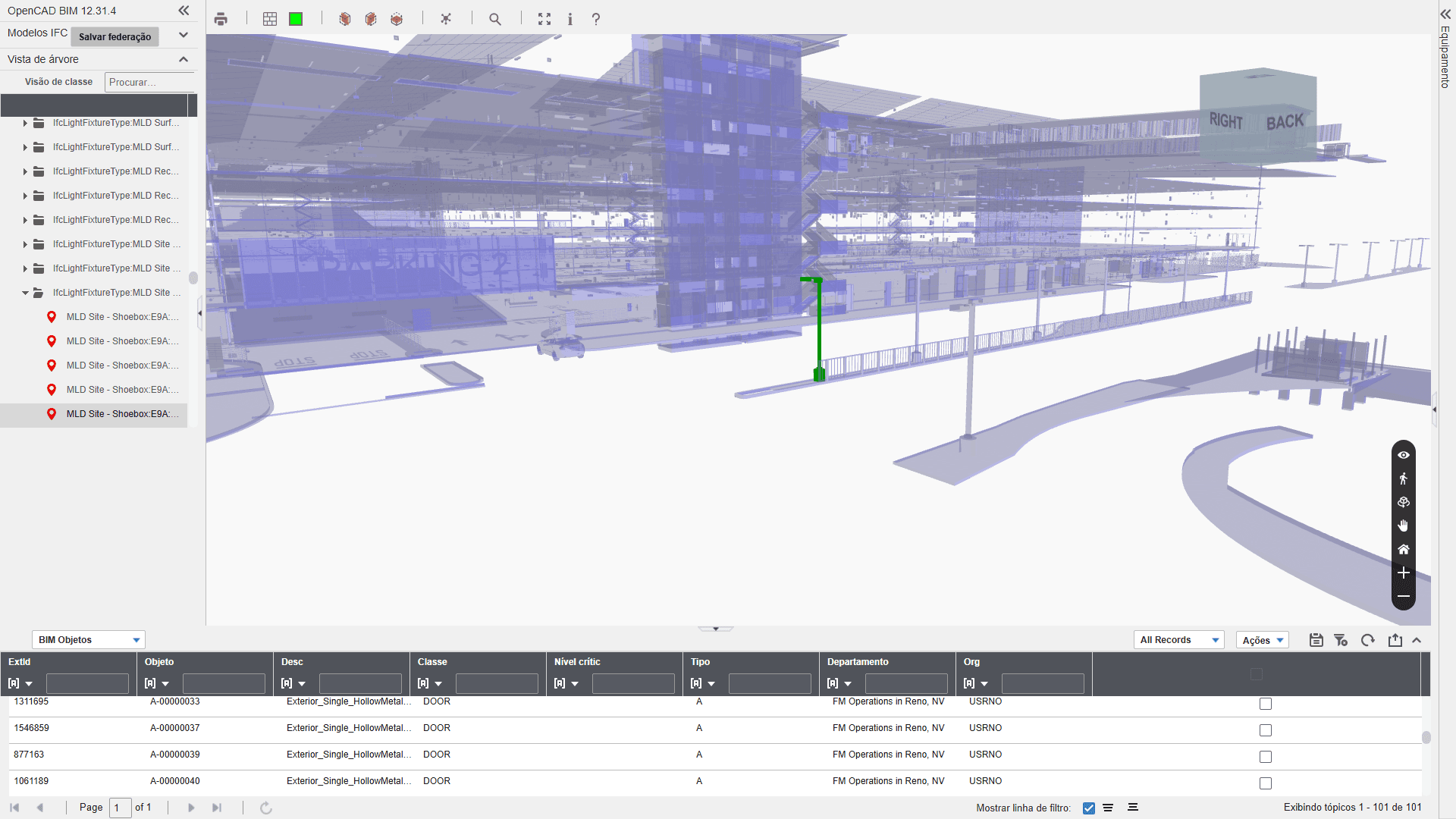 Modelo BIM navegável no CFM3D com luminária selecionada e lista de ativos